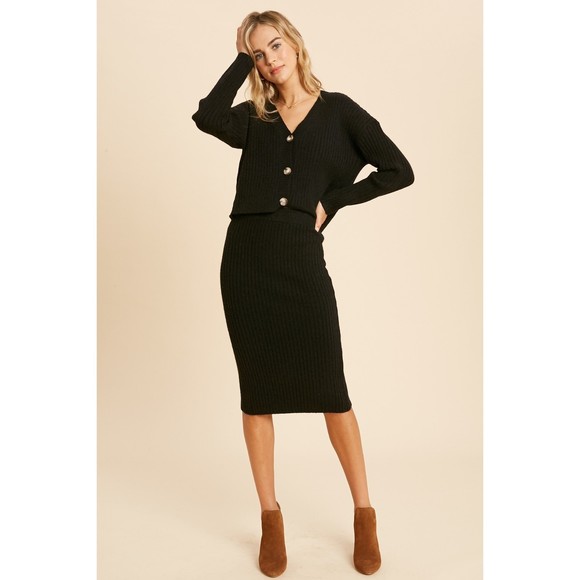 In Loom Black Ribbed Knit Cardigan And Midi Skirt Set V-Neck Long Sleeve Stretch - Picture 3 of 16
